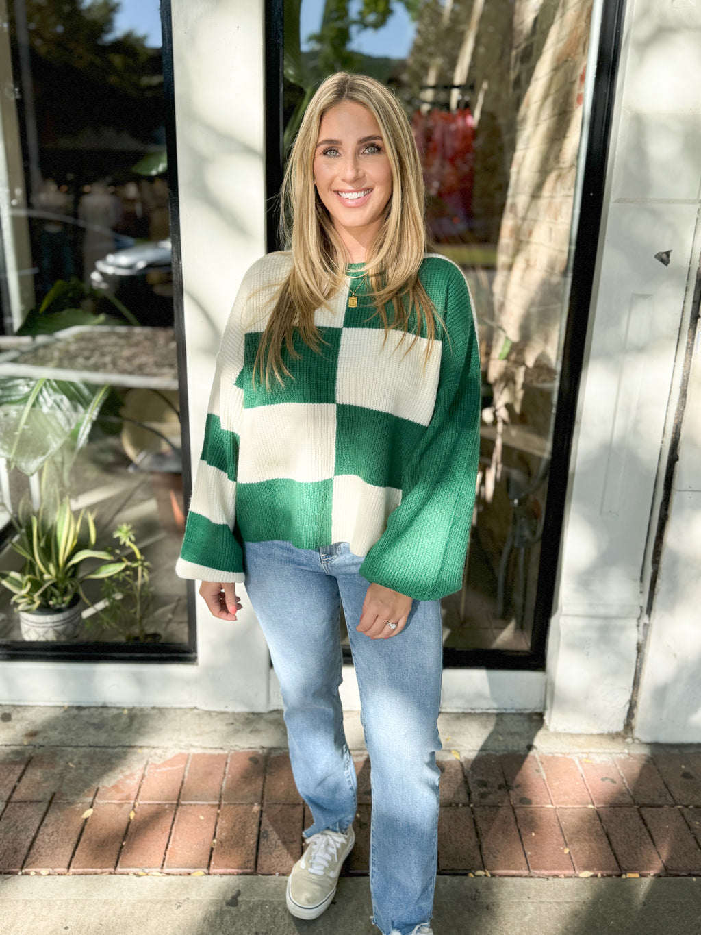 Green block sweater