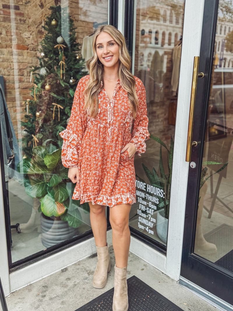 Ruffled in rust mini dress