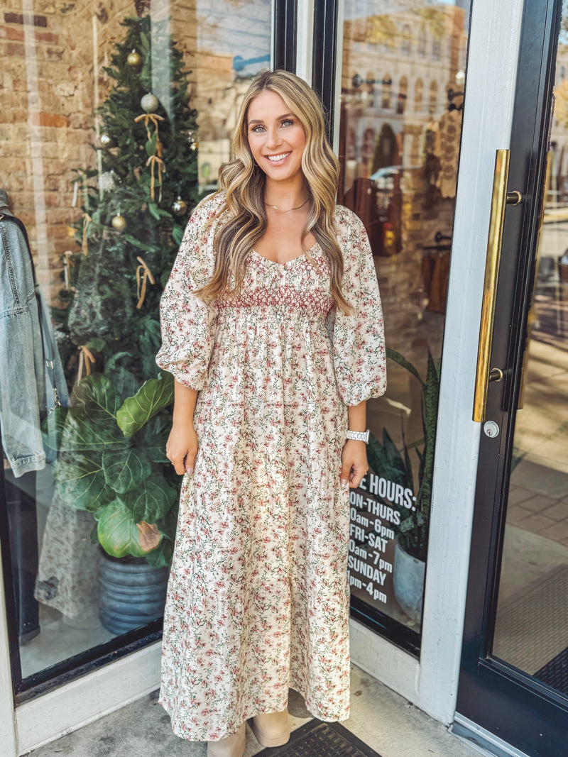 Smocked in floral maxi