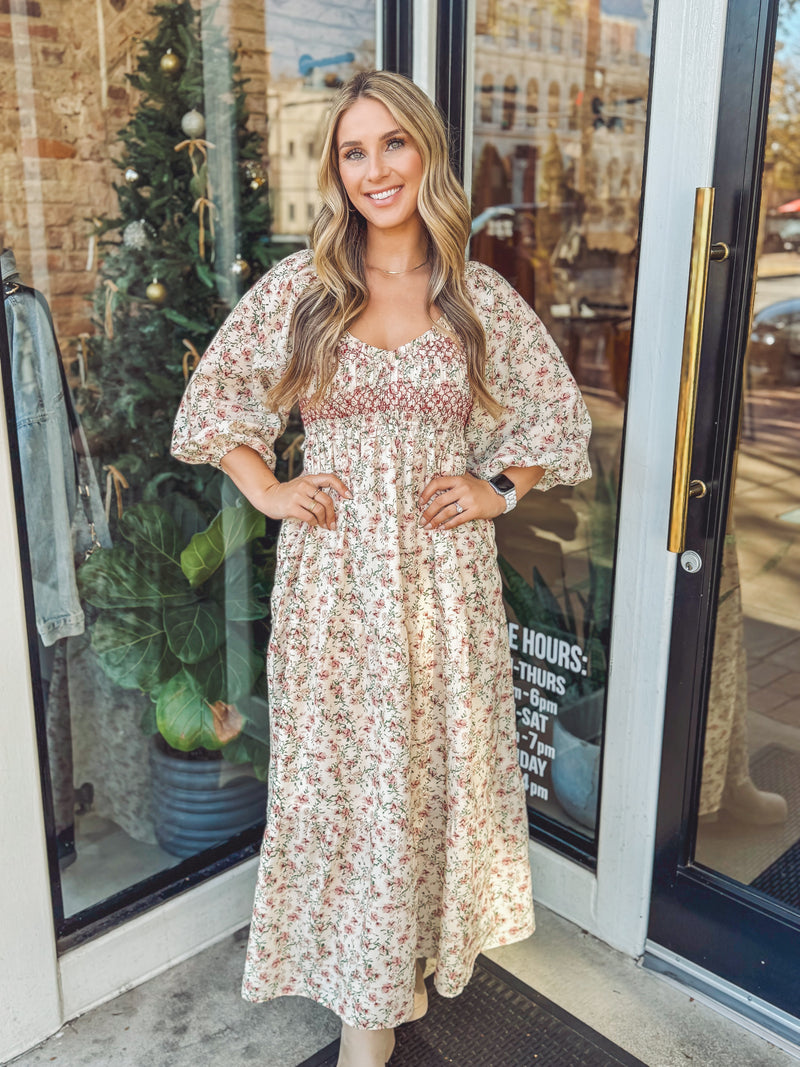 Smocked in floral maxi